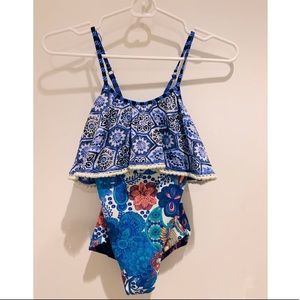 Reversible printed one piece bathing suit